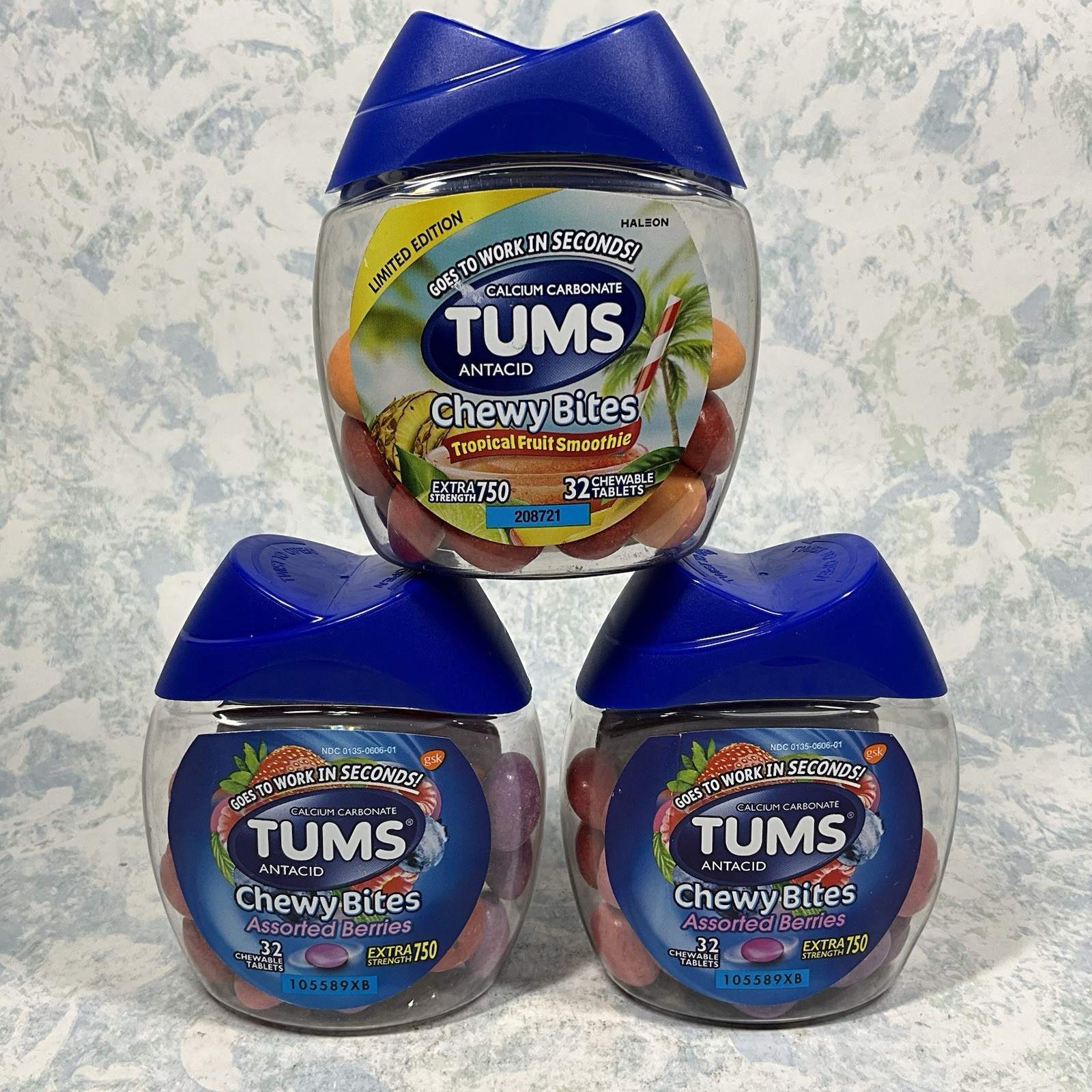 TUMS Chewy Bites Heartburn Relief Antacid 32 Tablets ( Lot of 3 ) Exp 07/27