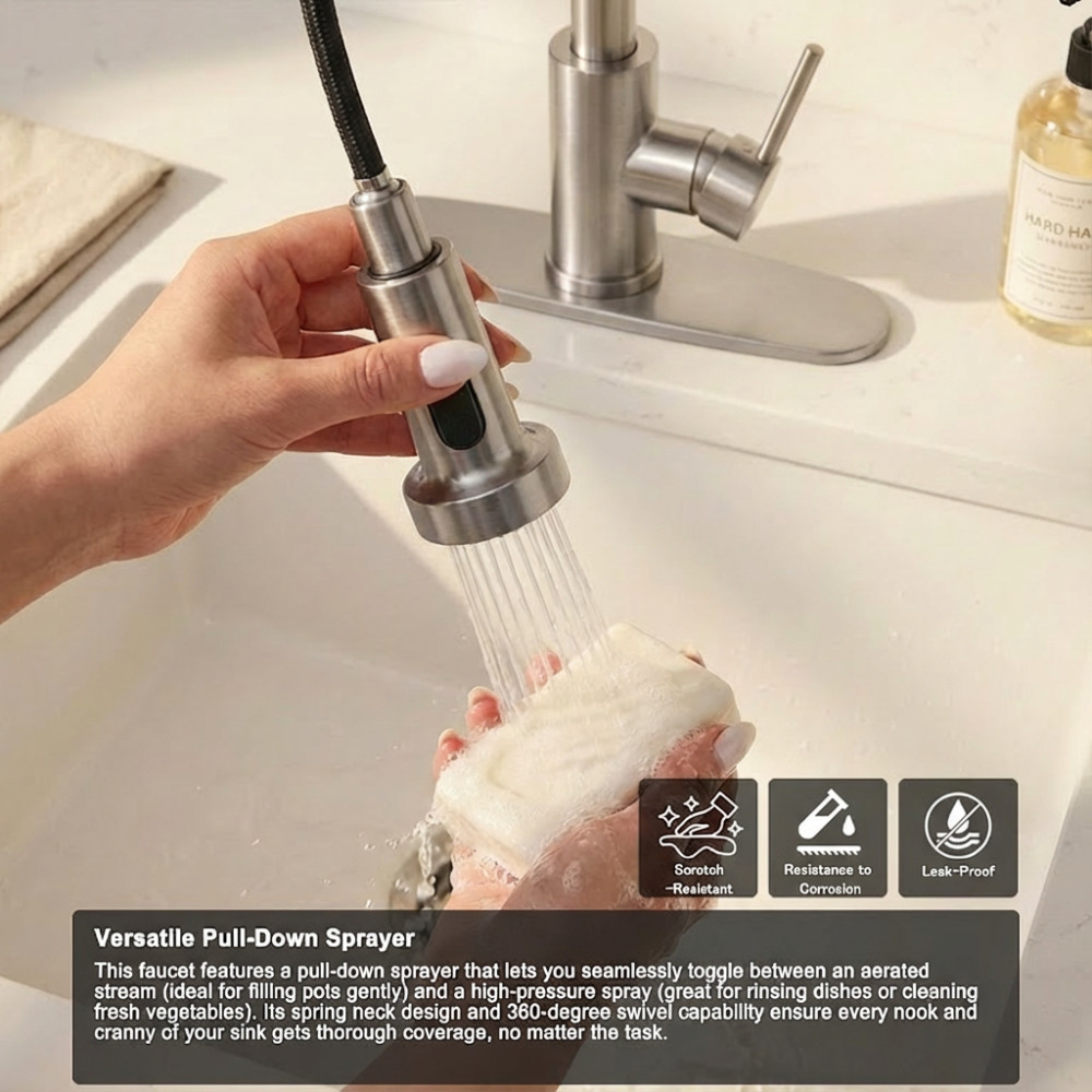 Kitchen Faucet with Pull Down Sprayer Industrial 1 Handle 1 or 3 Hole Stainless