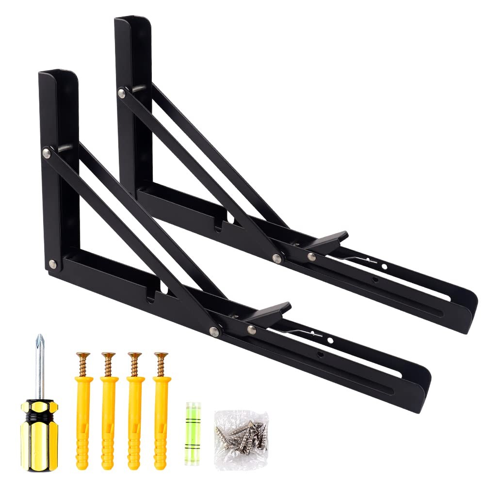 Folding Shelf Brackets 12 Inch Black Heavy Duty Triangle Wall Mounted 2PC
