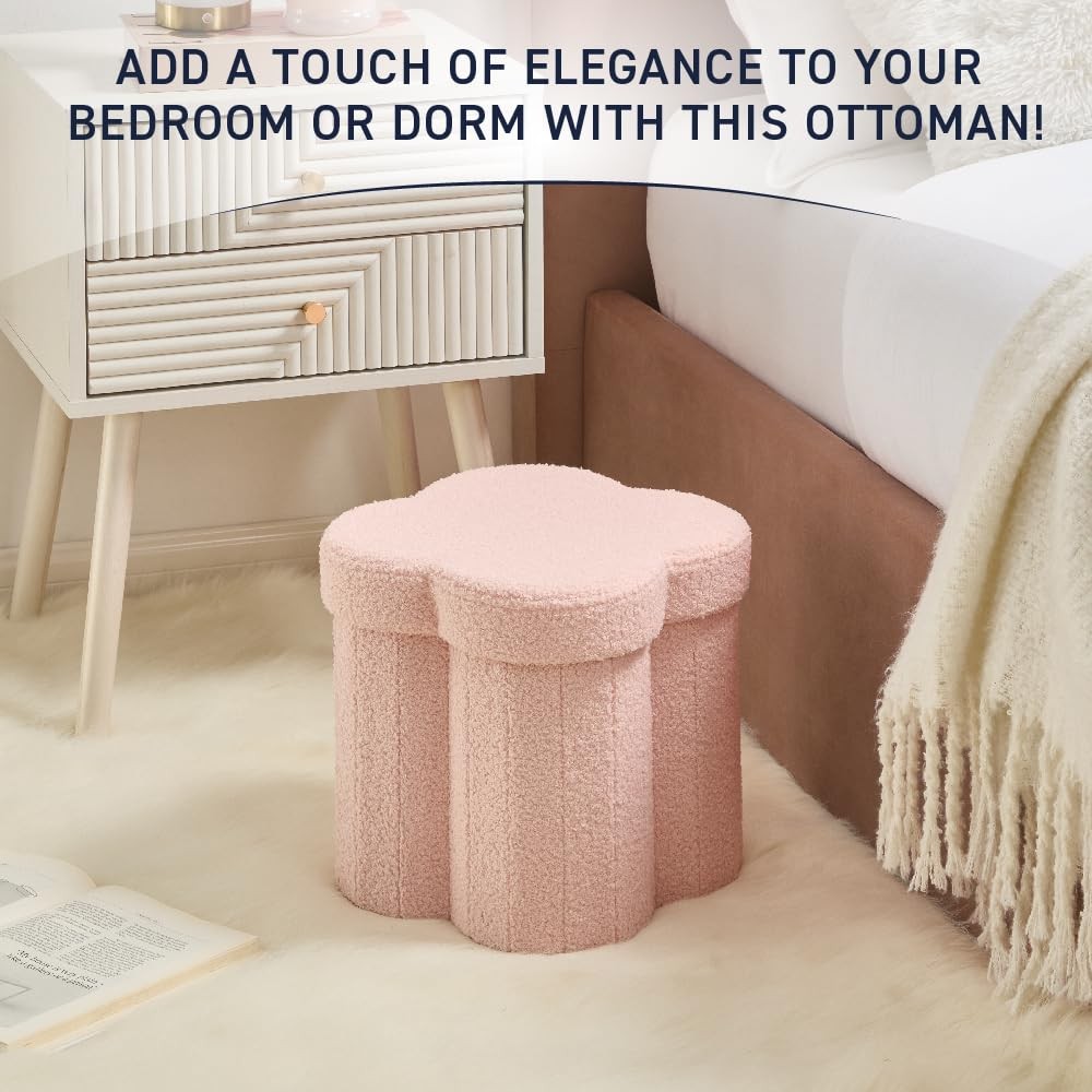 Pink Boucle Storage Ottoman Cube – Flower-Shaped Footstool with Storage, Faux...