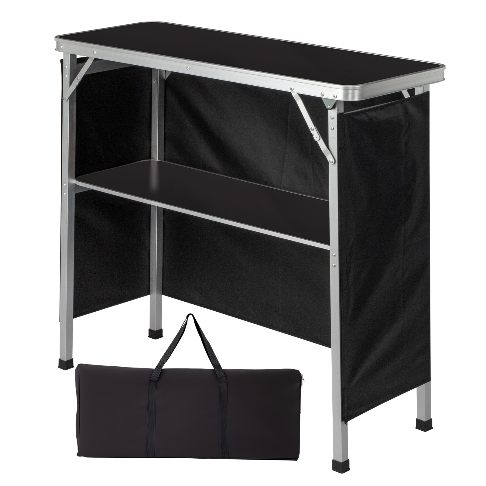 Portable Folding Bar Table with Shelf, Tradeshow Podium Black Skirt Carrying Bag