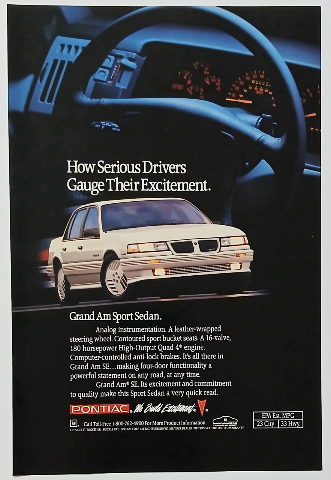 1991 Original Print Ad Full Page - Pontiac Grand Am Sport Sedan   Vintage