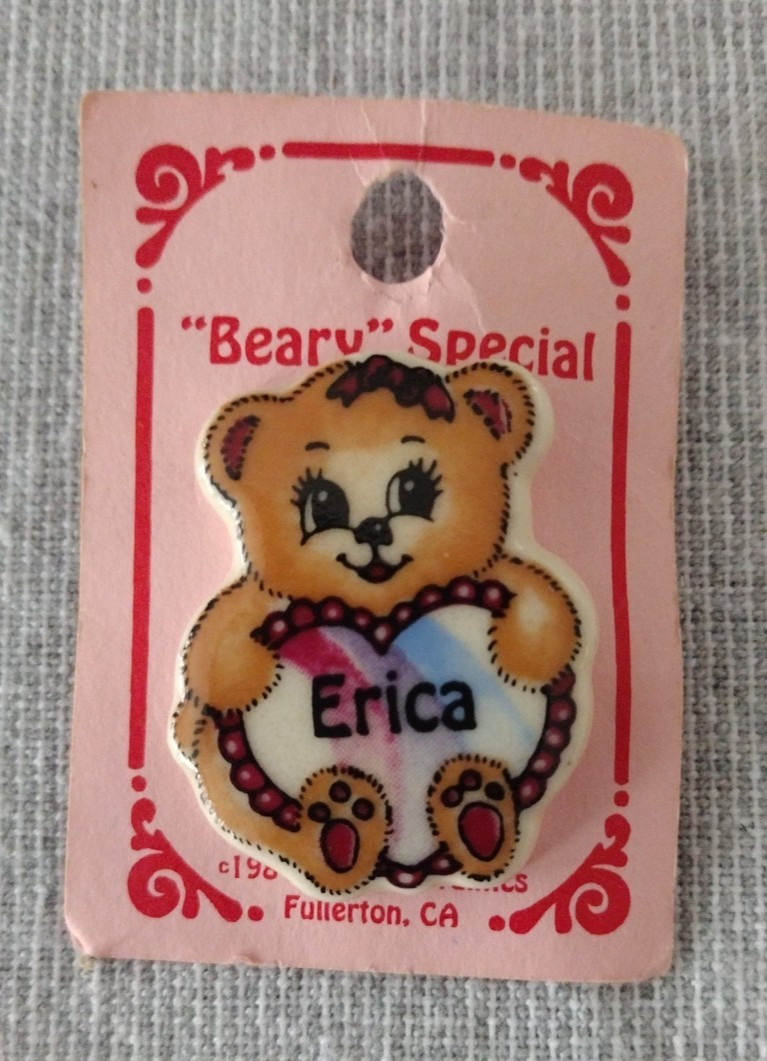 1984 Cheri's Ceramics "Erica" Beary Special Bear Heart Personalized Name Pin