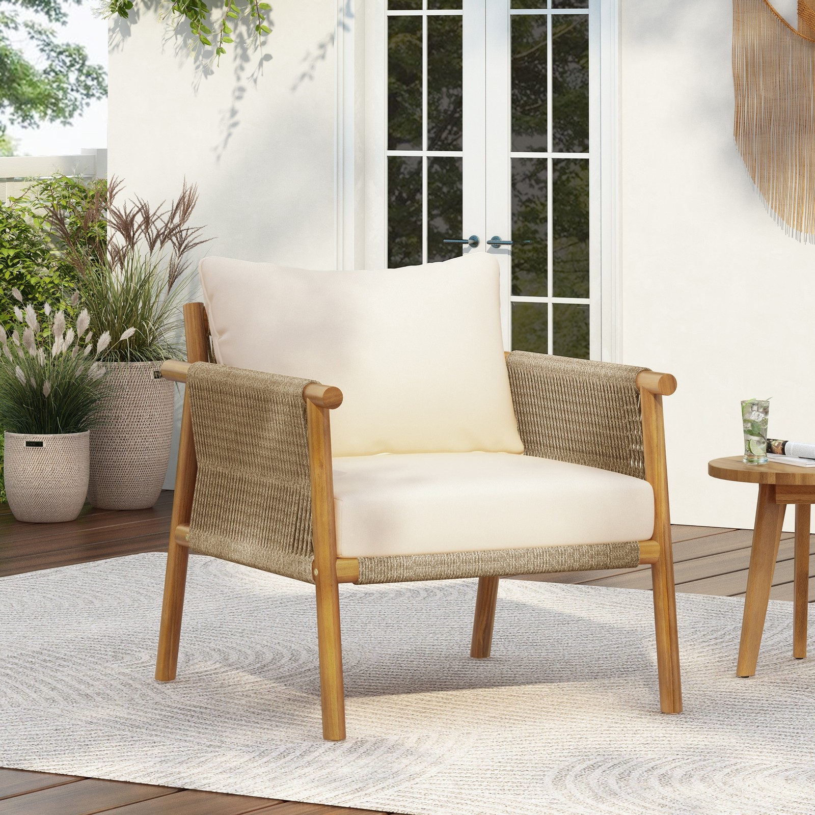 28" Modern Outdoor Woven Lounge Chair with Wood Frame Cushions for Patio Garden