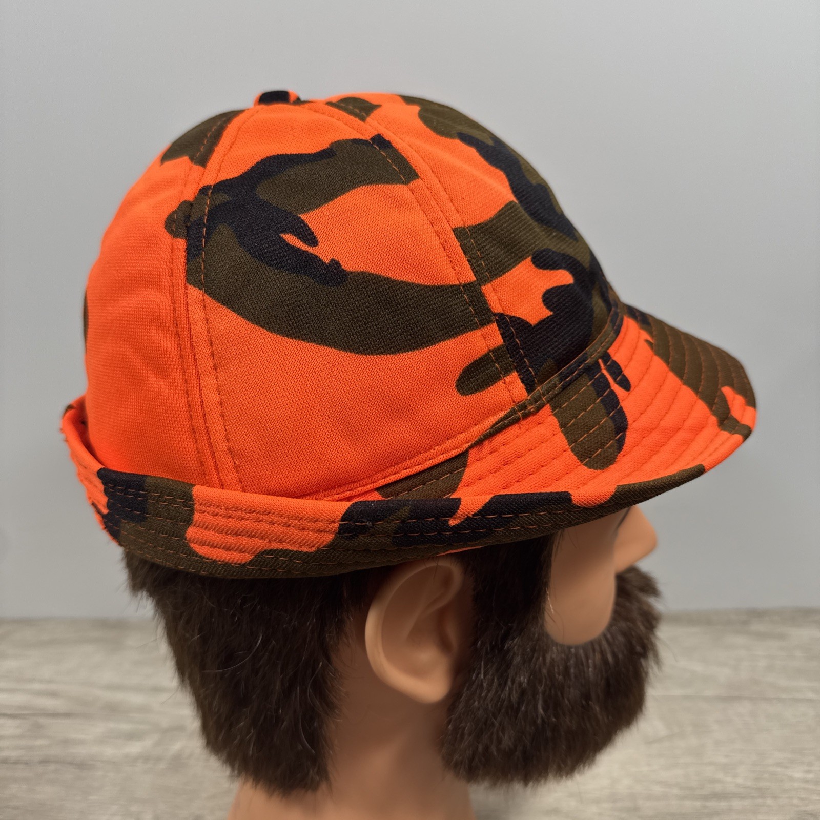 VTG S Orange Camo Jones Hunting Bucket Fedora Hat Insulated Ear Flaps Distressed