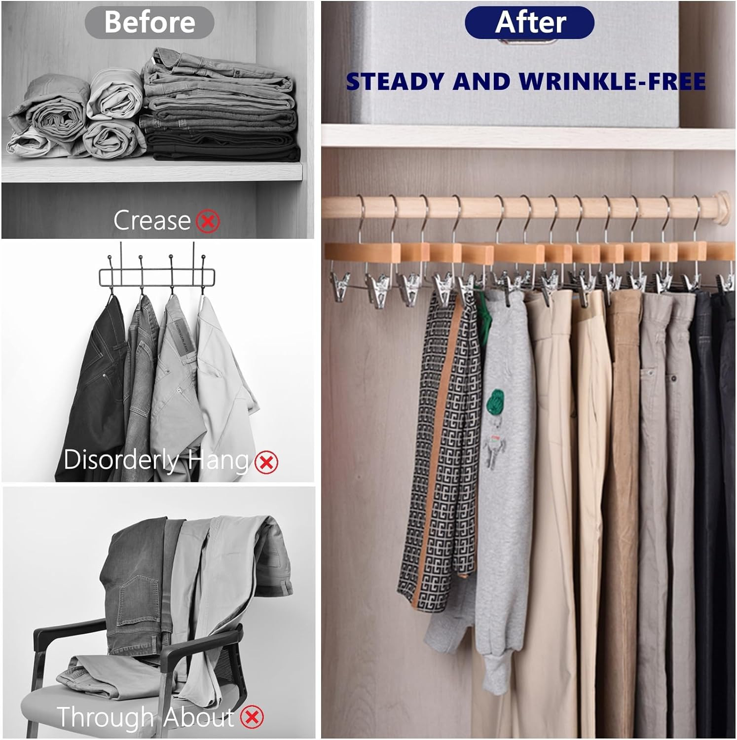 Natural Wooden Pant & Skirt Hangers with Adjustable Clips, 10 Pack