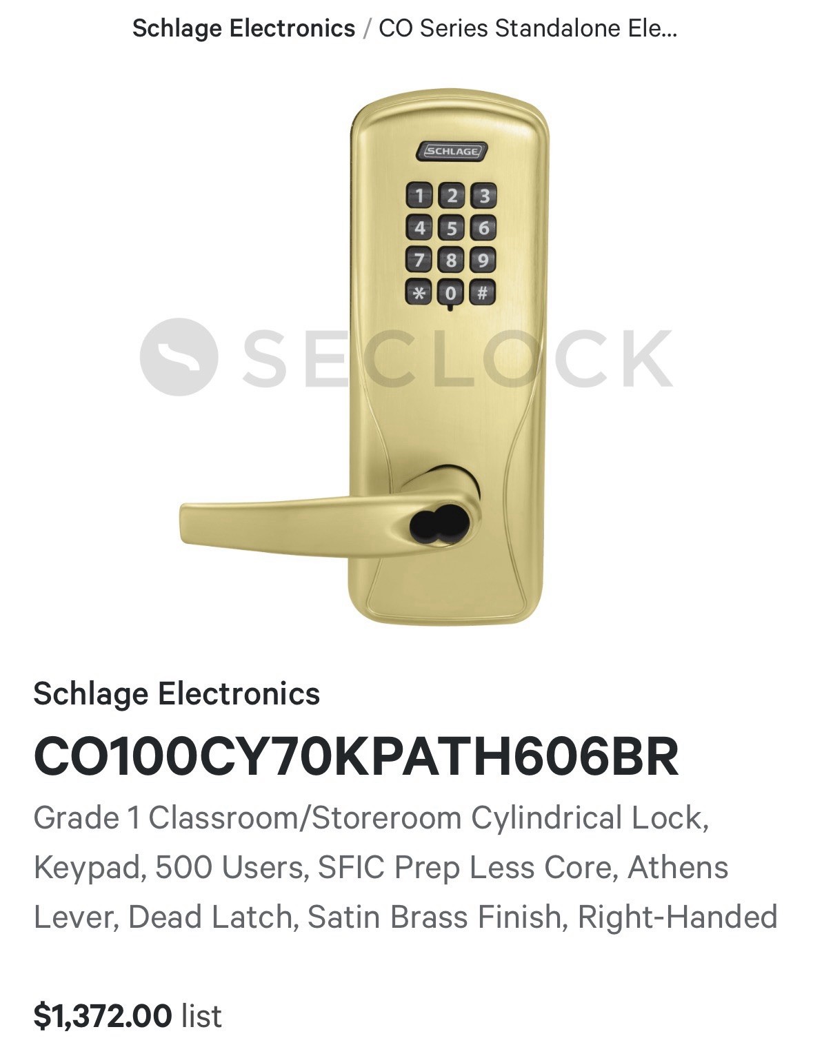 SCHLAGE CO100CY70KPATH606BR Storeroom Keypad SFCI prep lockset