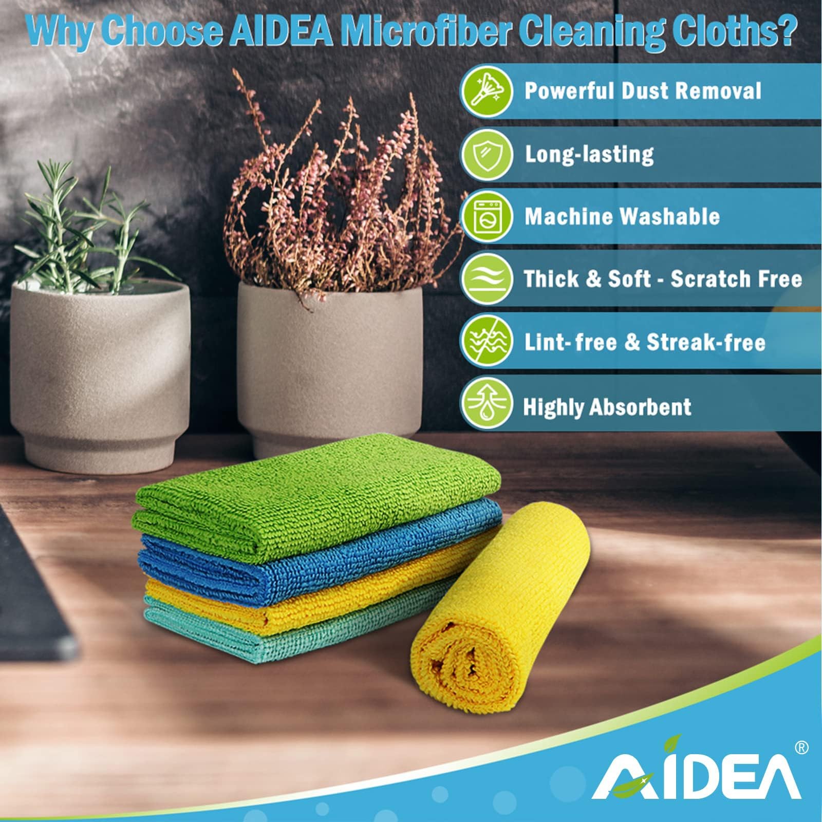 AIDEA Microfiber Cleaning Cloth 100PK, Soft Absorbent 12"×12", Blue/Yellow
