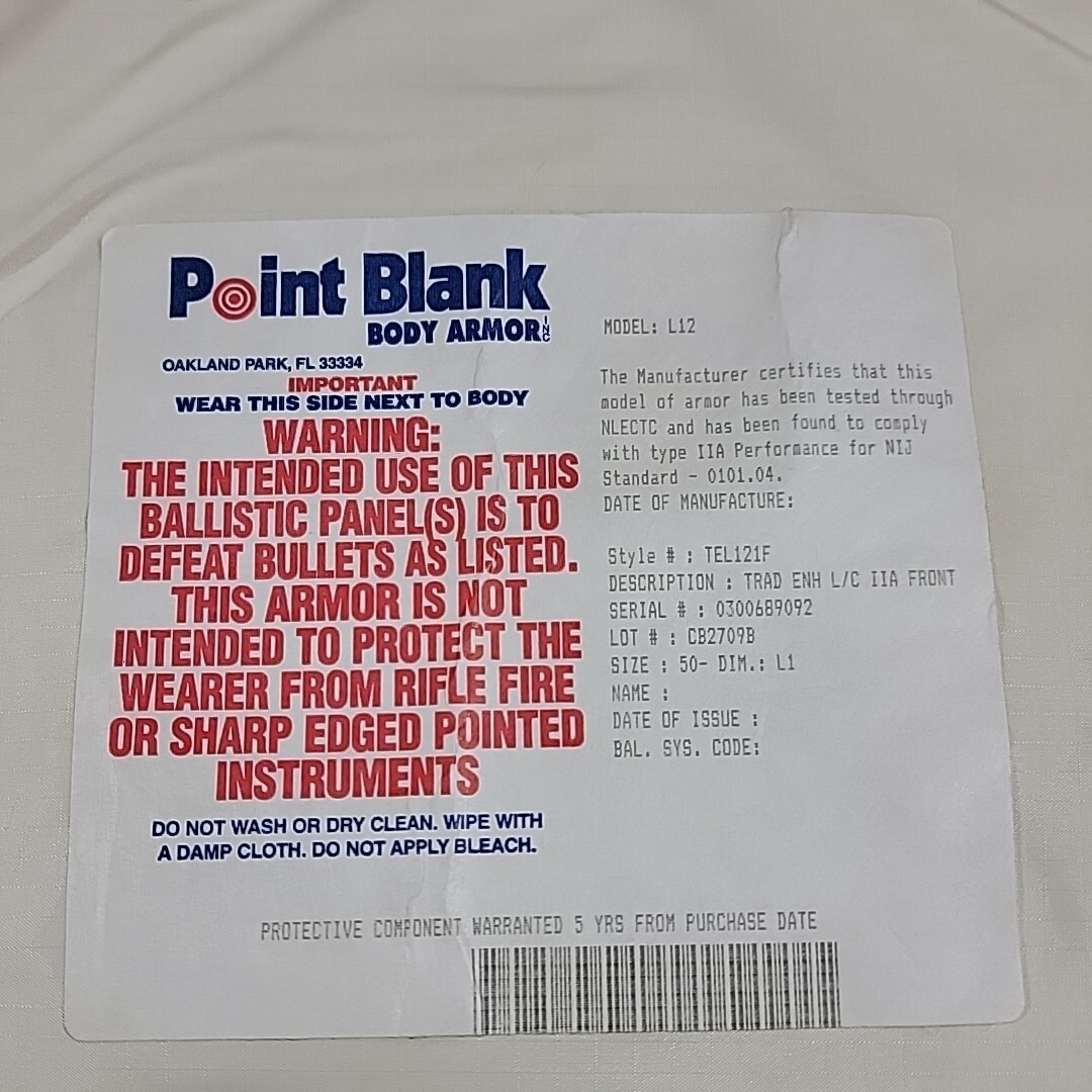 Point Blank Body Armor Size L/Xl Men’s Model L12