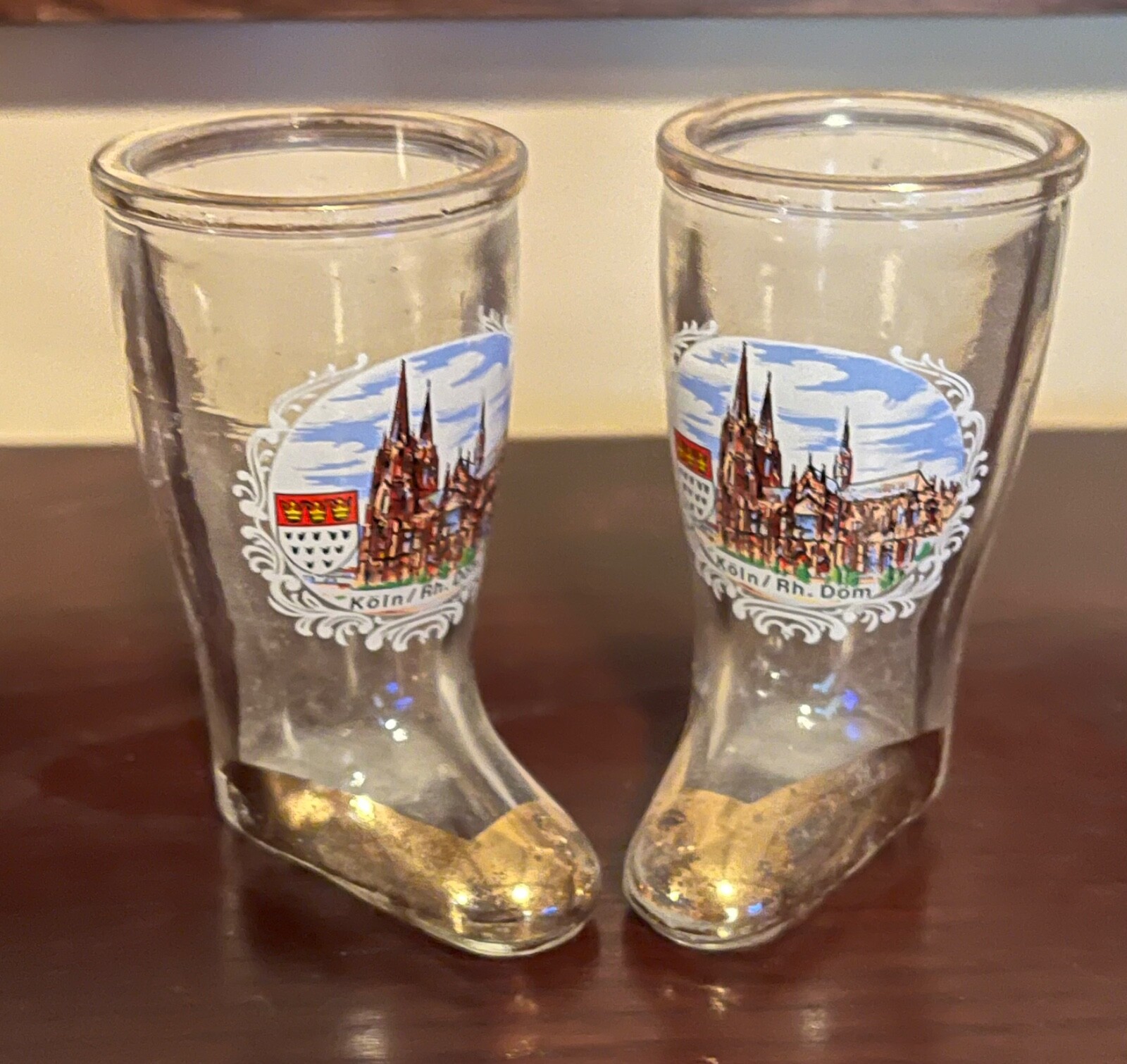 SET OF TWO 3" SHOT GLASSES KOLN DOM CATHEDRAL - GERMANY BOOT SHOTGLASS COLOGNE