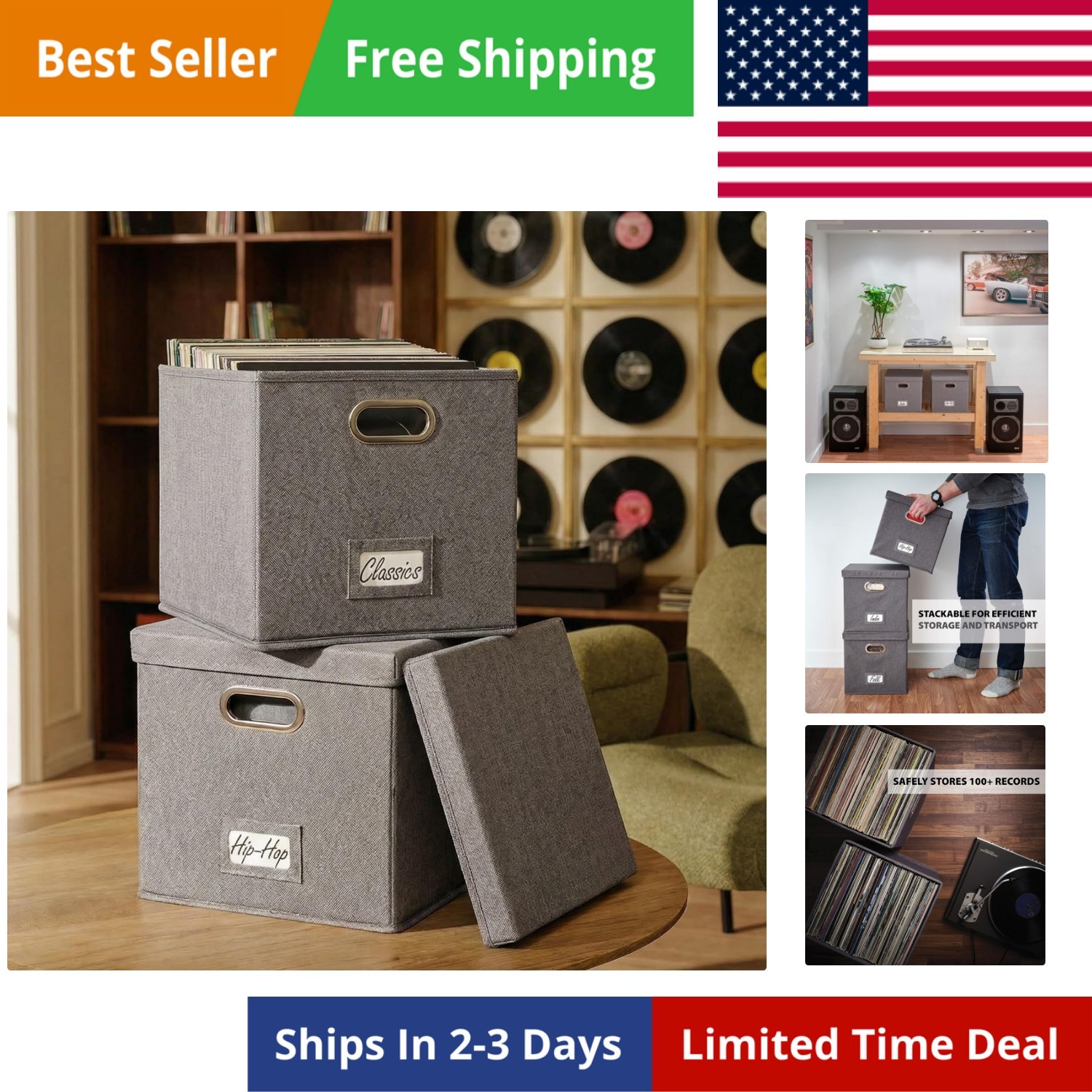 Decorative Vinyl Record Storage Box for 50+ Single Records - Sturdy and Easy ...