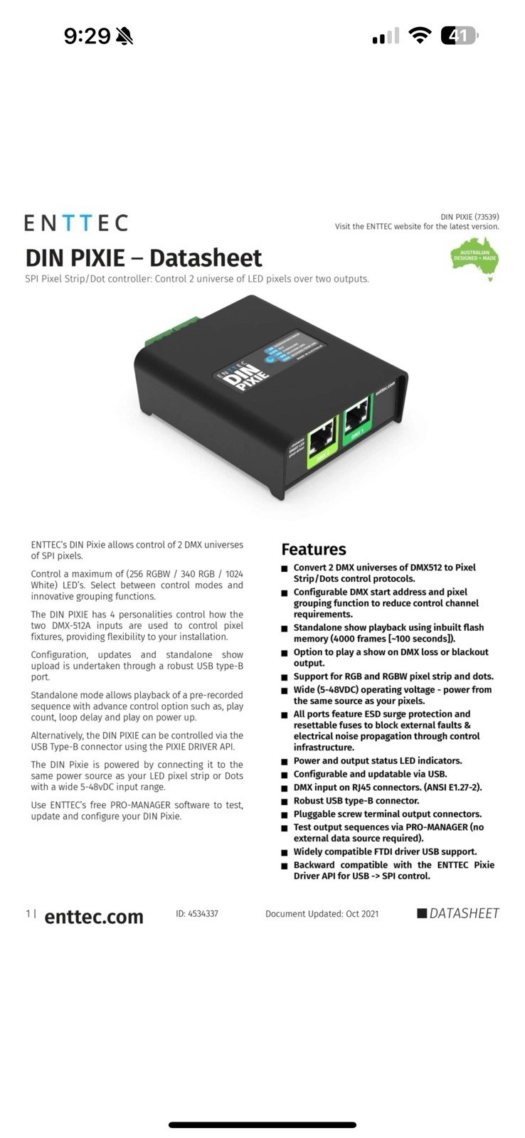 Enttec Din Pixie 73539, 2 Universe DMX LED Pixel Controller