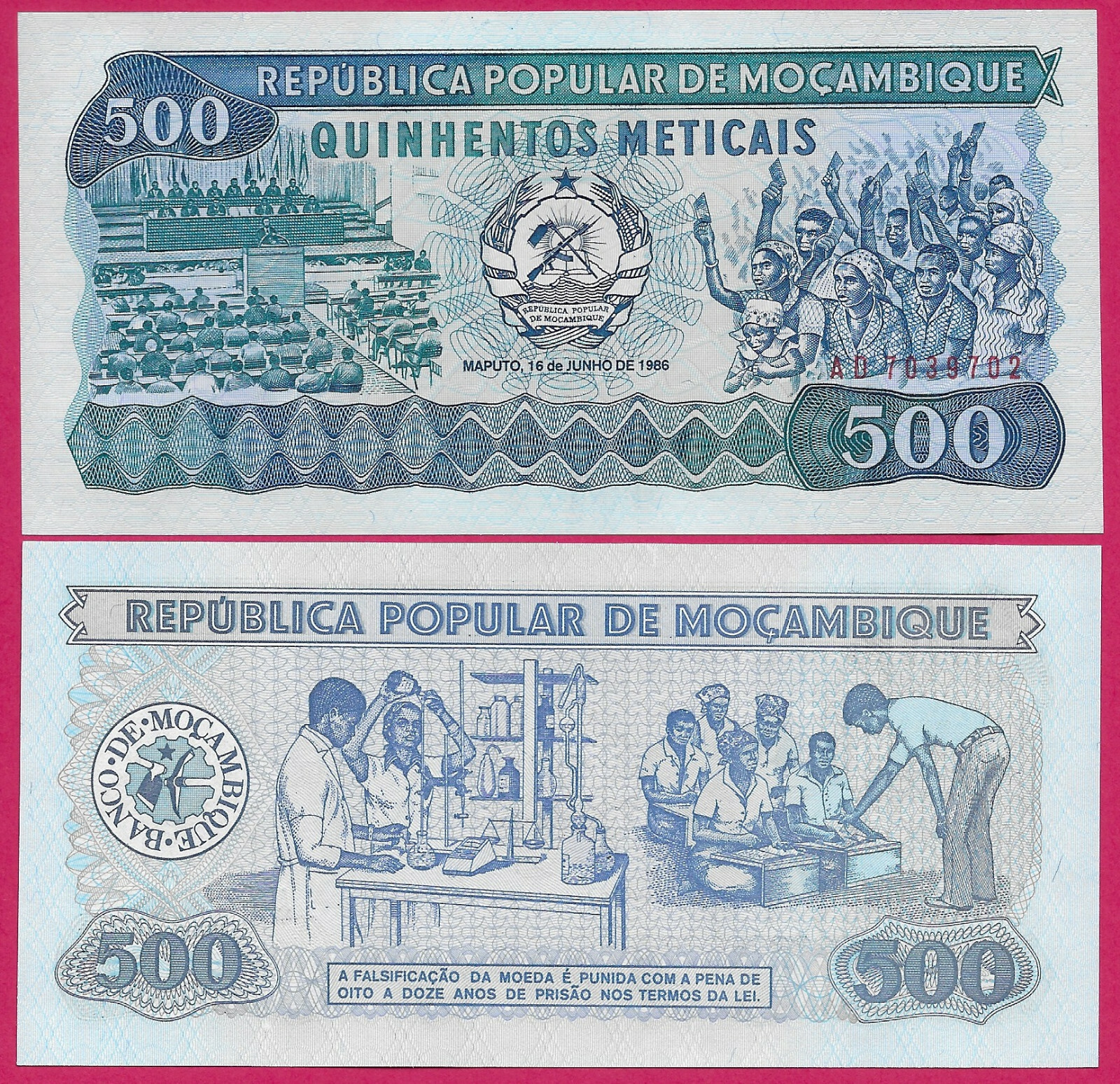 MOZAMBIQUE 500 METICAIS 1986 UNC PREFIX AD,CHEMISTS,GOVERNMENT ASSEMBLY,OBVERSE,