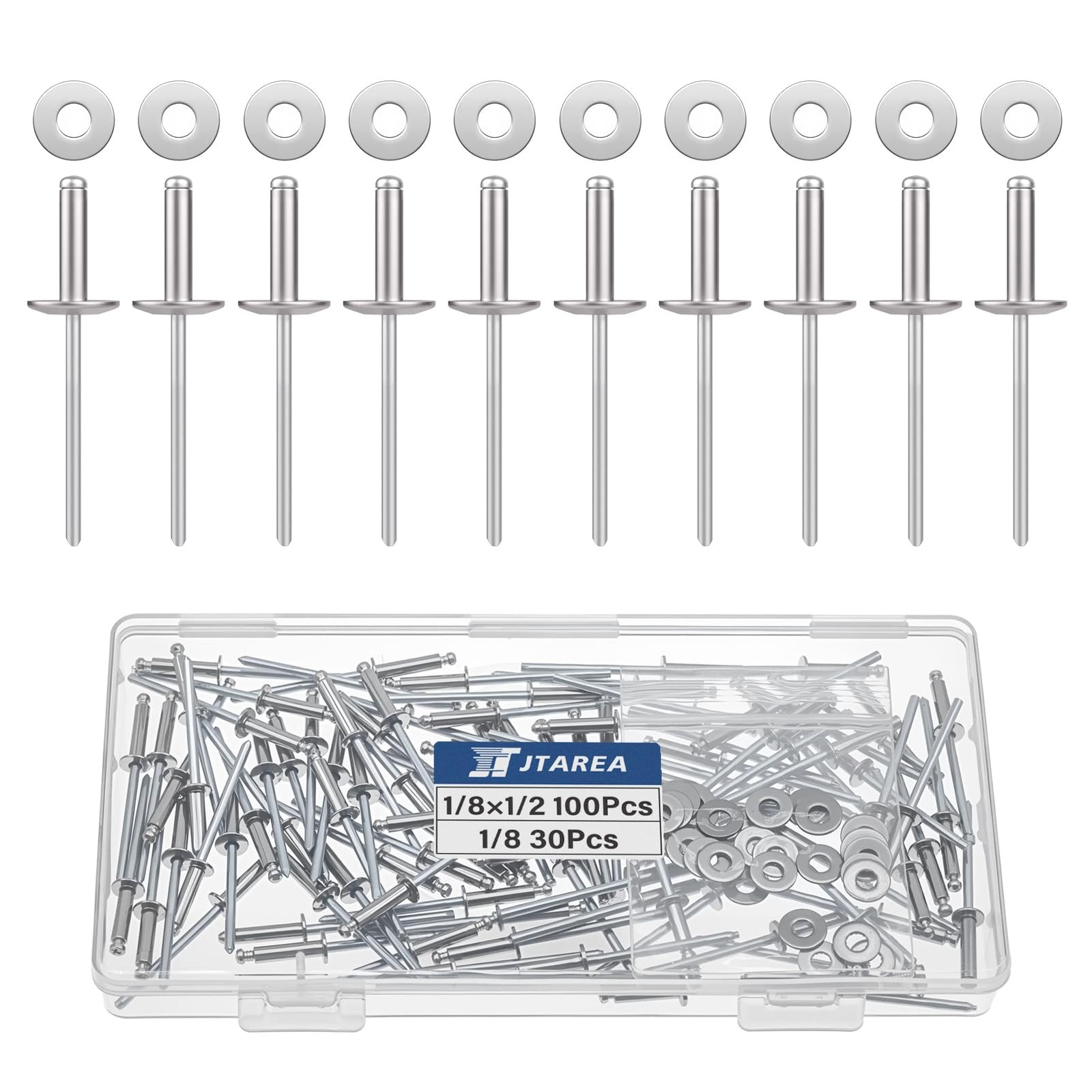 JTAREA 130pcs 1/8" x 1/2" Stainless Steel Pop Rivets with 1/8*1/2