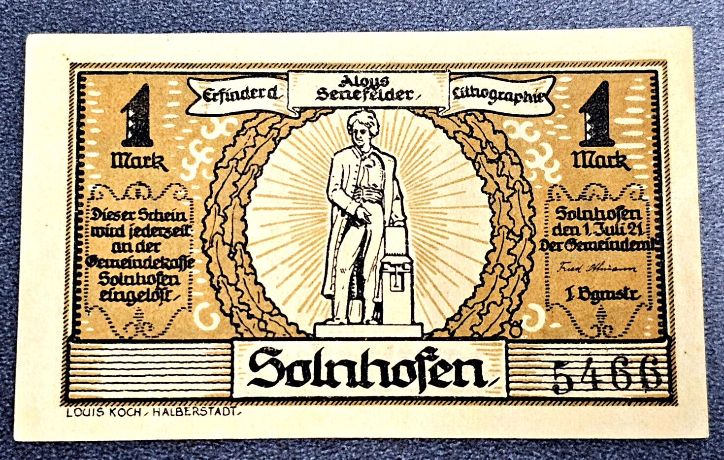 SOLNHOFEN NOTGELD 1 MARK 1921 EMERGENCY MONEY GERMANY BANKNOTE (34000)