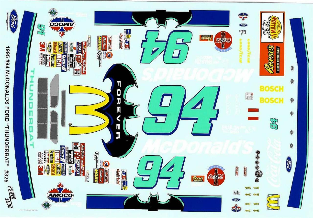 Powerslide 325 #94 McDonalds Thunderbat 1995 Bill Elliott 1/24 waterslide Decal