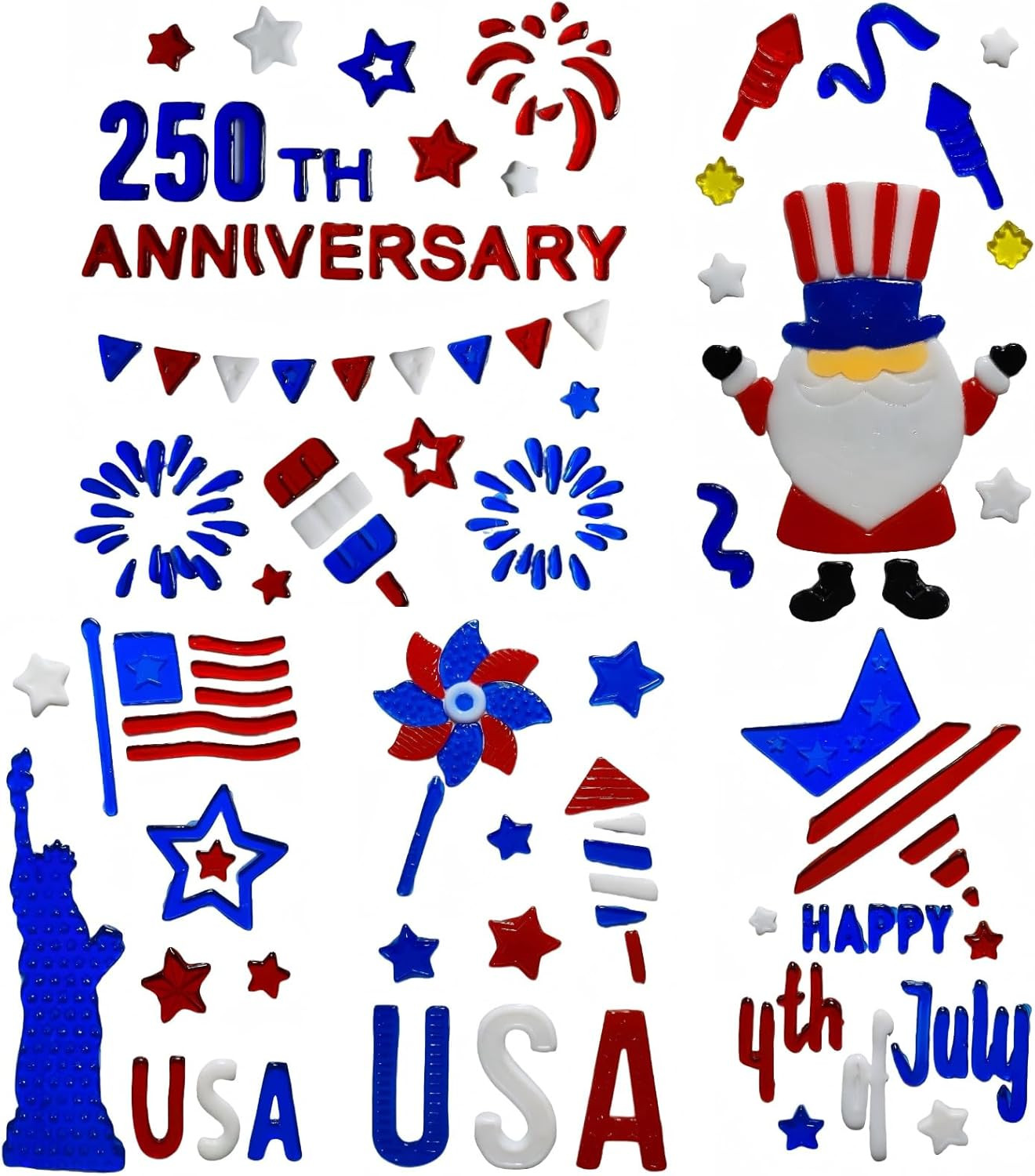 6 Sheets Memorial Day Gel Window Clings Patriotic 4Th of July Decorations Red