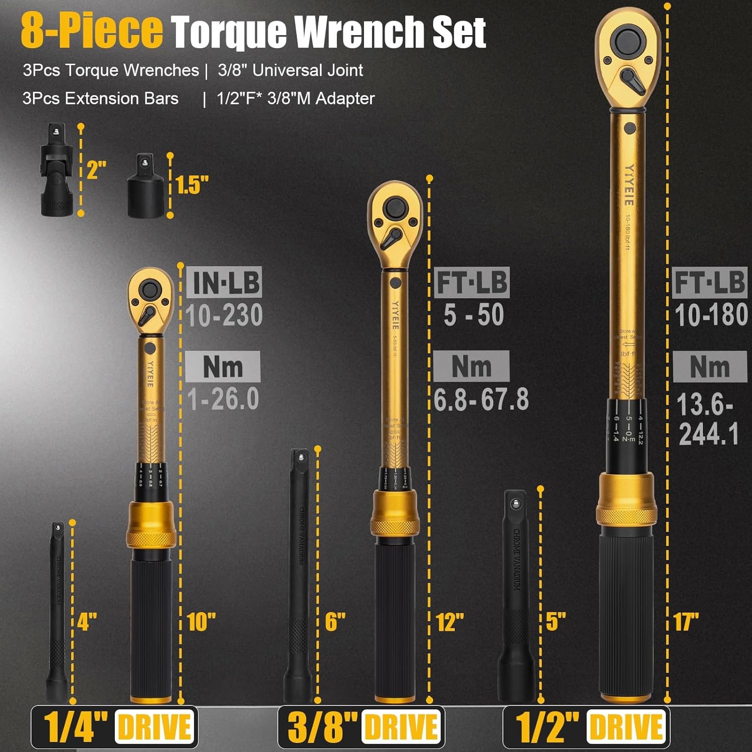 8 Pcs 1/4 3/8 1/2-Inch Drive Click Torque Wrench Set 10-230In.Lb, 5-50Ft.Lb