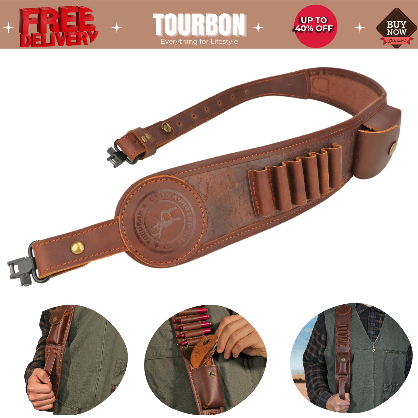 Tourbon Rifle Sling Swivels Set Gun Strap .308.30-06,45-70 Bullets w/Side Pocket