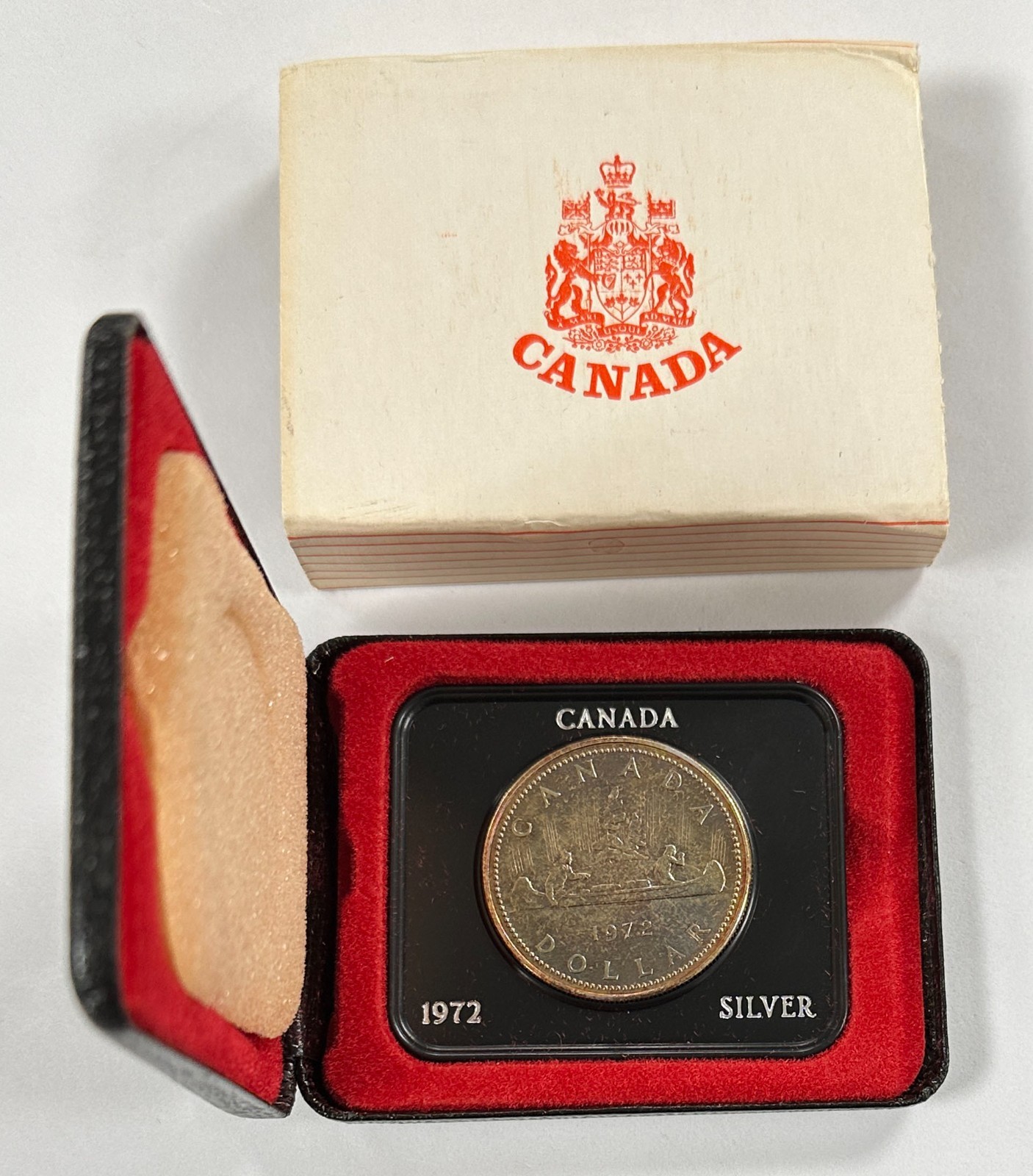 1972 Canada $1 Silver Dollar in Original Display Box w/ Sleeve,  Toned