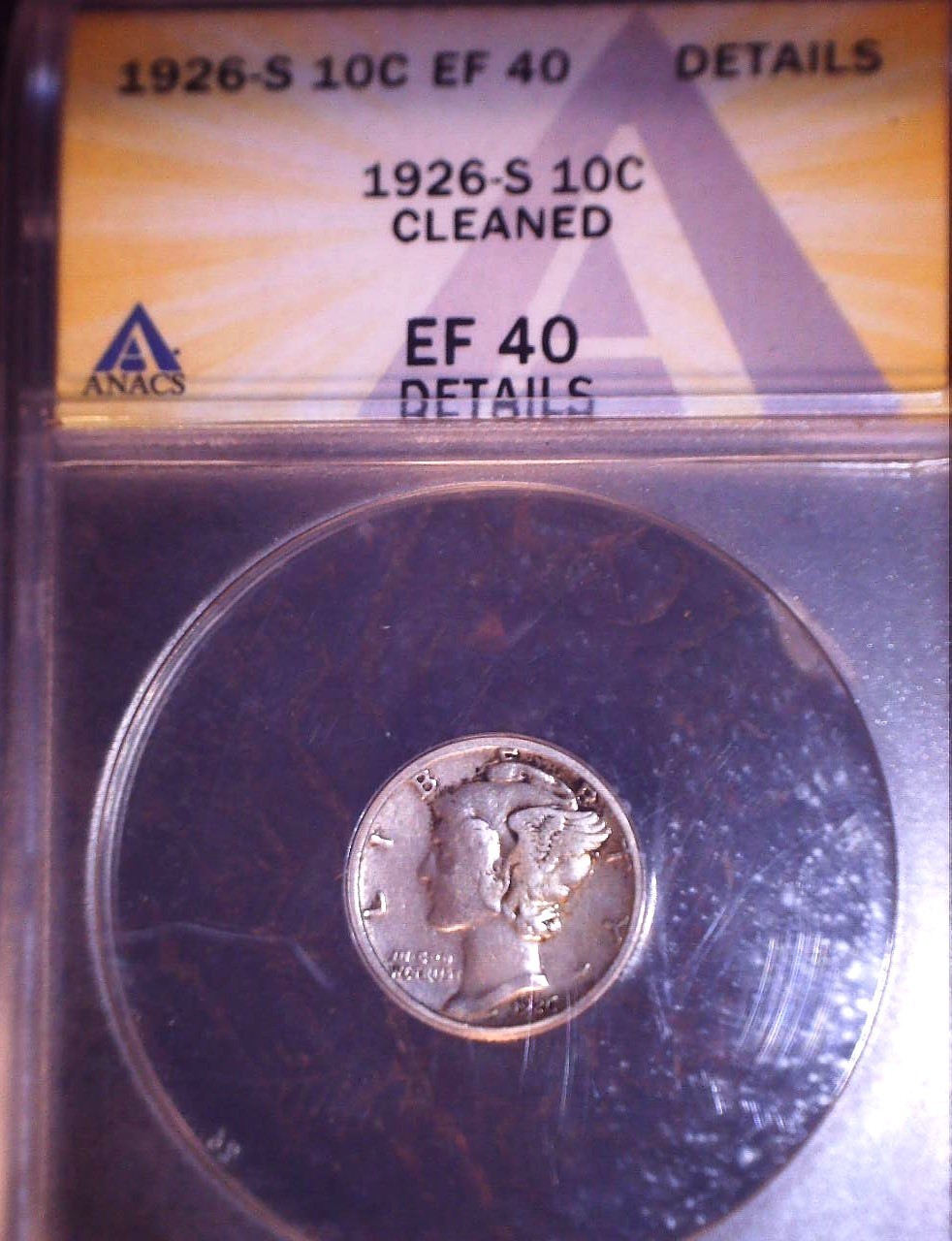 1926-S Mercury Dime, ANACS, EF40, Semi Key Date, Cleaned
