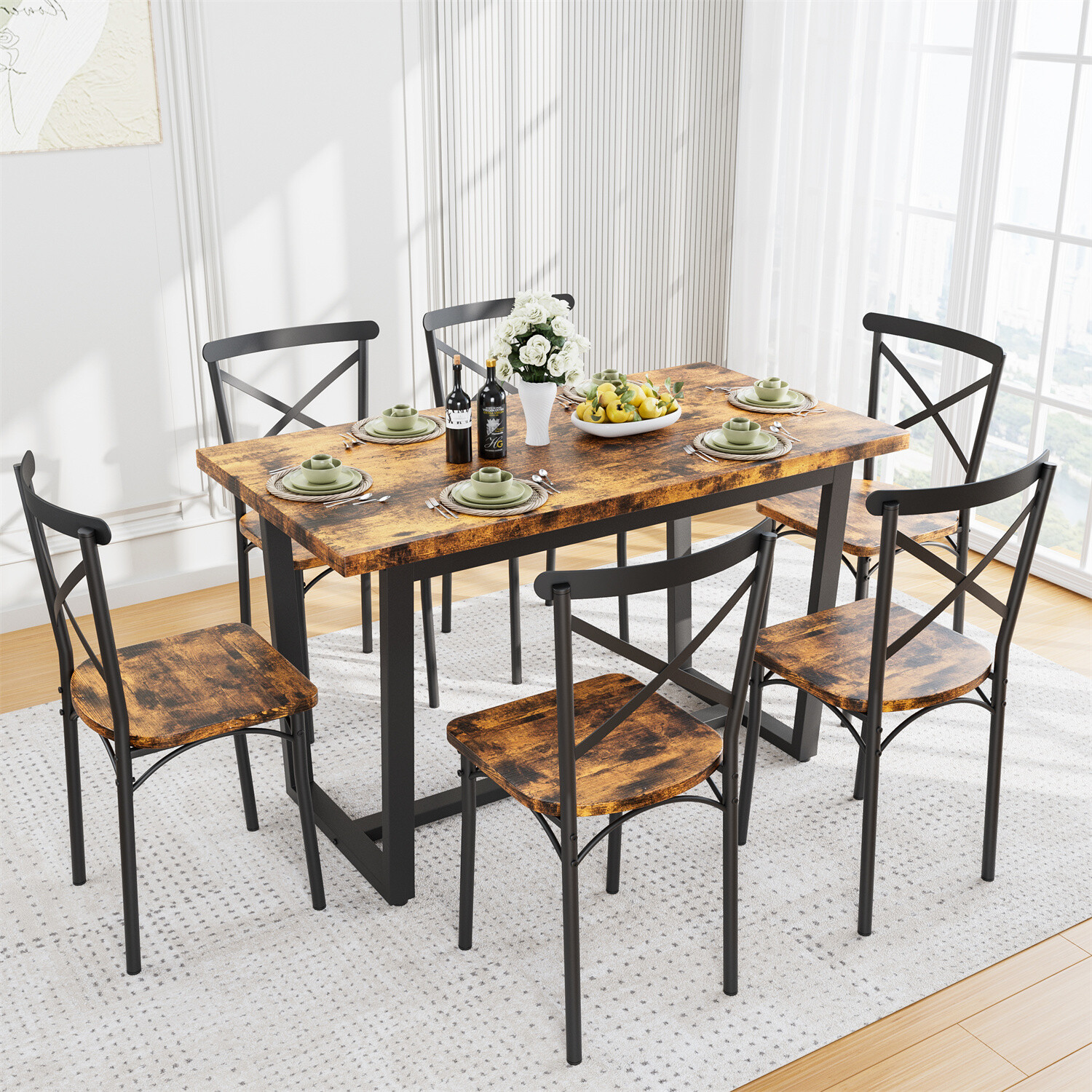 7 Piece Dining Table Set Table and 6 Chairs Home Kitchen Breakfast Furniture