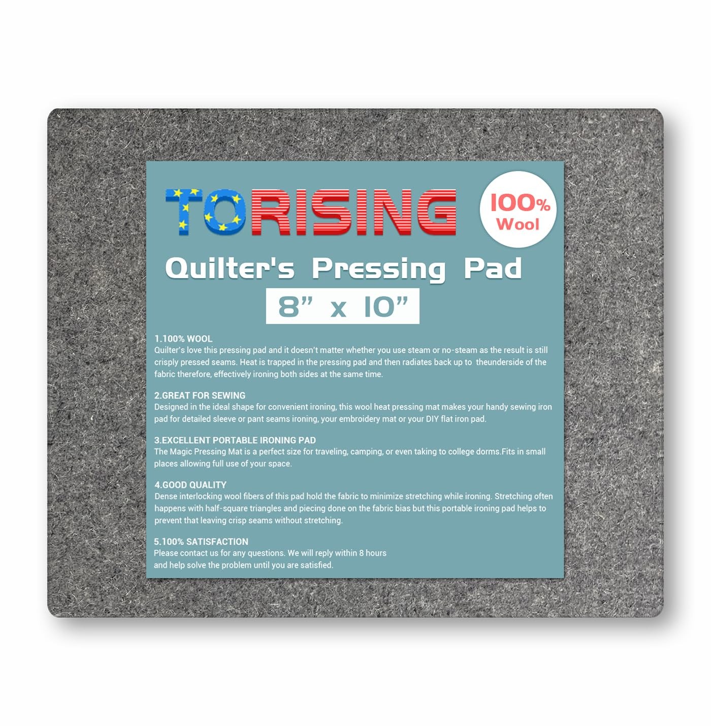 Wool Pressing Mat for Quilting - 8”x10”x0.6” 100% 8" X 10", Gray