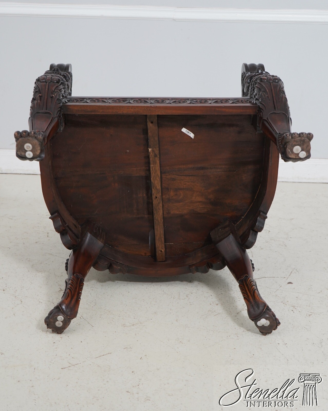 F62511EC: Monumental Ornately Carved Throne Chair w. Upholstered Seat