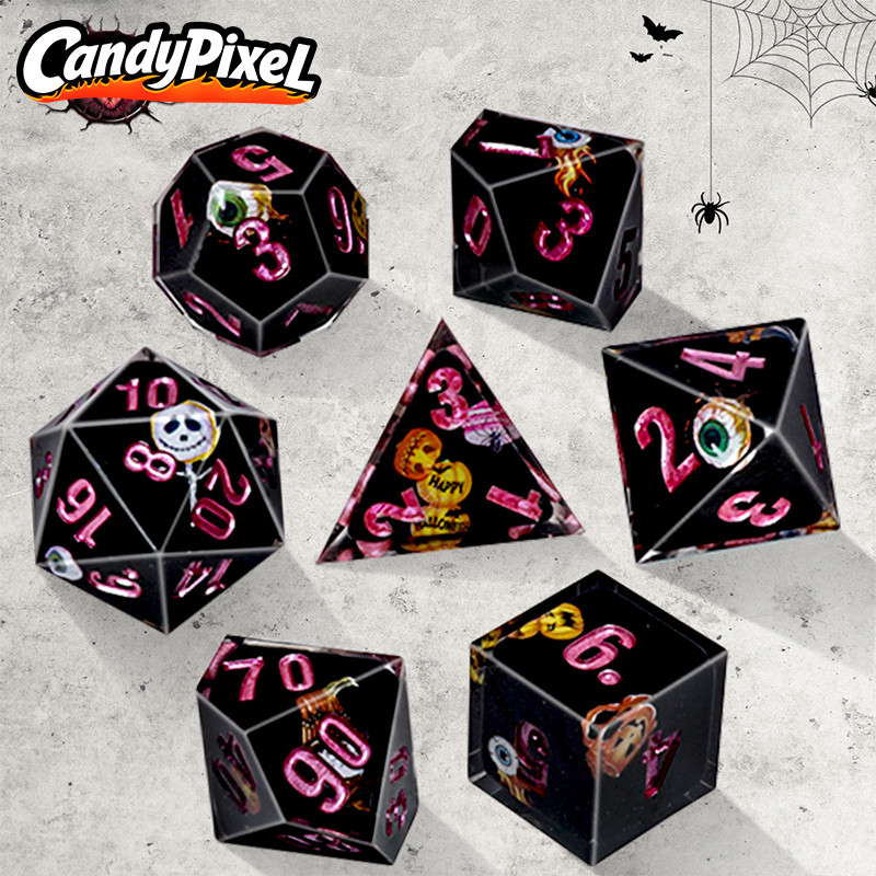 7PCS Polyhedral RPG Dice with Pumpkin & Skull Designs, Unique for Dungeons