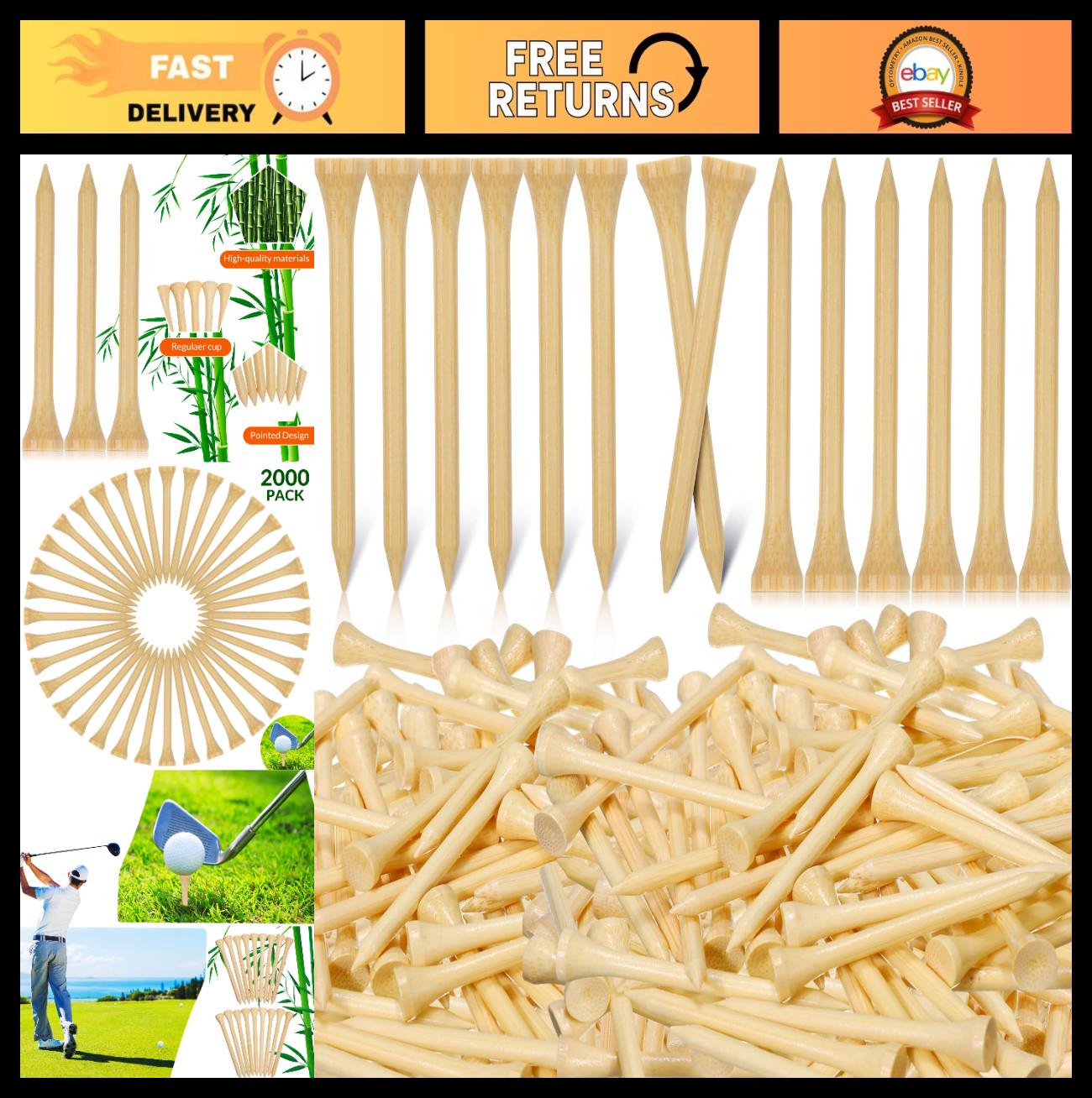 2000 Pcs Bamboo Golf Tees - Professional Bulk Set, Reduce Friction & Side Spin,