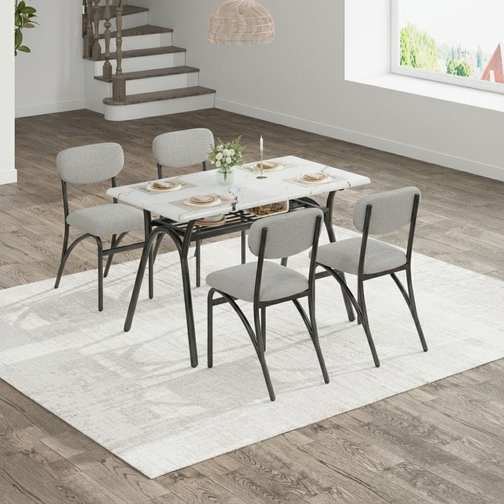 Modern Boucle Dining Set for 4 with Storage, Grey Lambskin Chairs & Marble Table