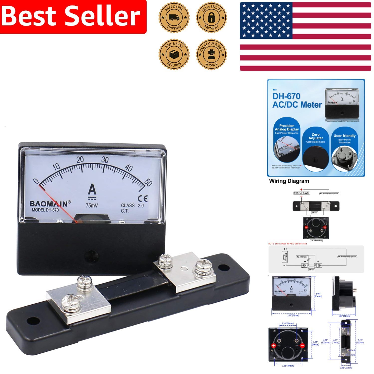 Reliable 0-50A DC Current Panel Meter Gauge with 75mV Shunt - Class 2.0 Accuracy