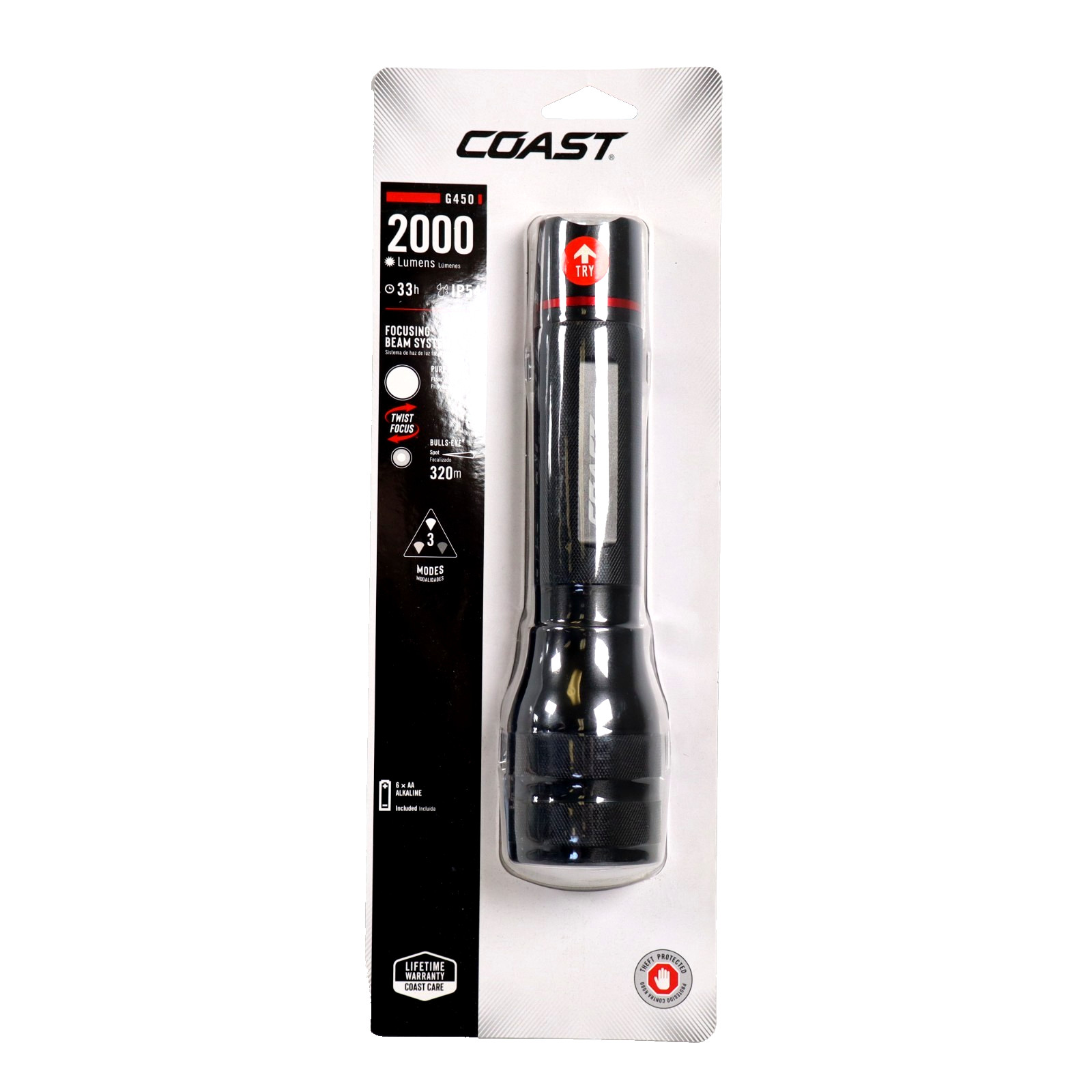 Coast G450 2000 Lumens Alkaline LED Handheld Flashlight 3 Modes + Focusing Beam!