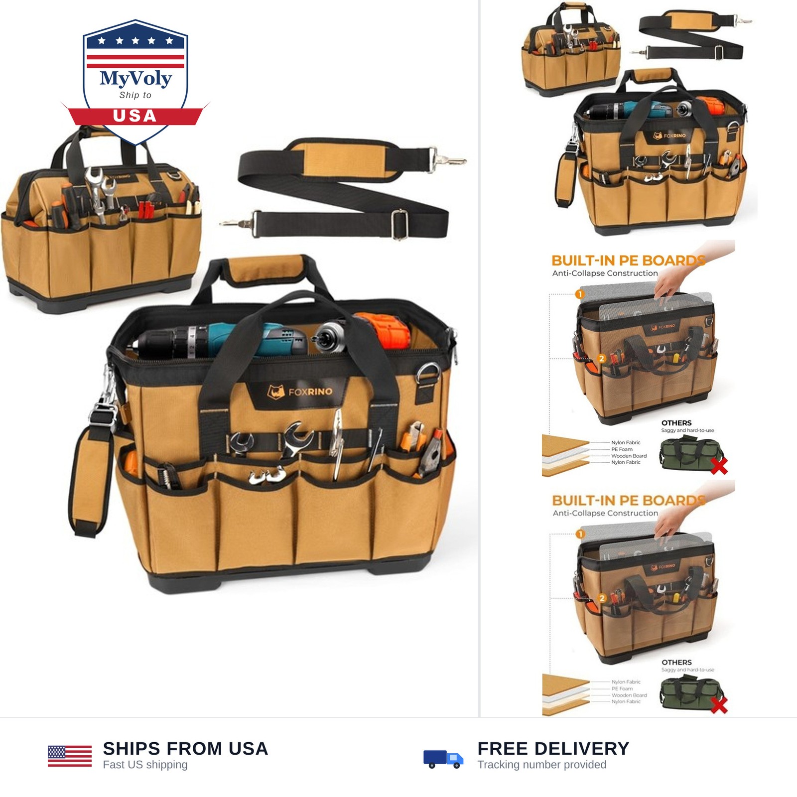 Foxrino Heavy Duty Tool Bag 16-Inch, 42-Pocket Portable Empty Tool Box Organi...