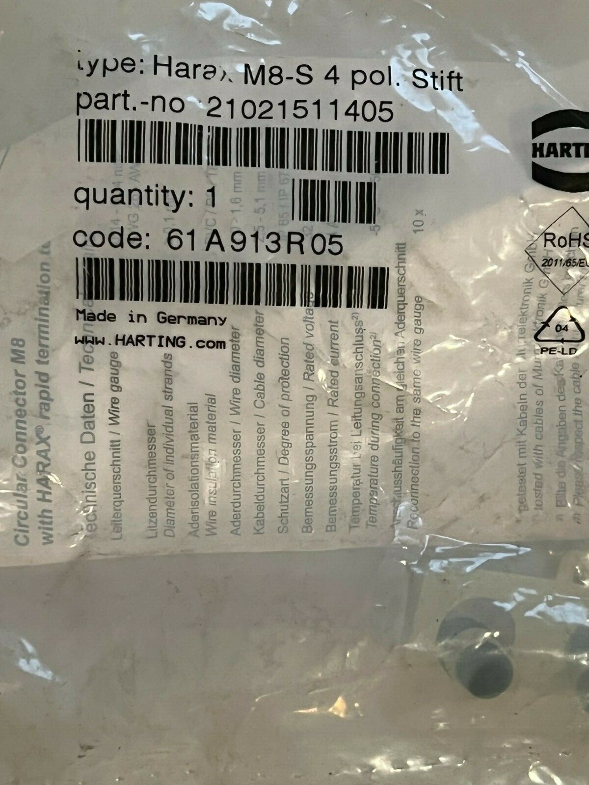 HARTING 21021511405 SENSOR CONNECTOR HARAX M8-S SERIES NIB