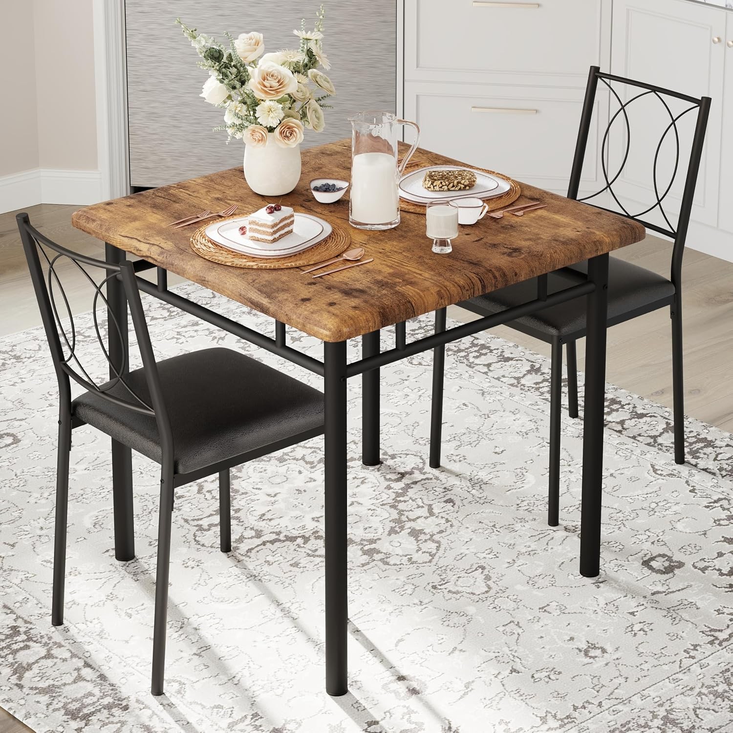 Space-Saving Dining Table Set for 2 – 3-Piece Farmhouse Wooden Table &