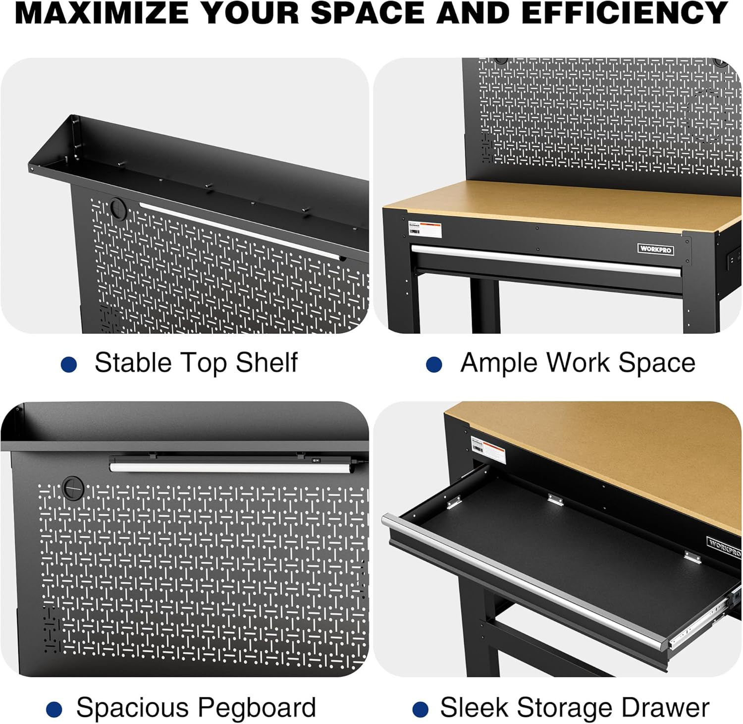 WORKPRO Garage Workbench with Storage, 45" Workbench with Pegboard, Power Outlet