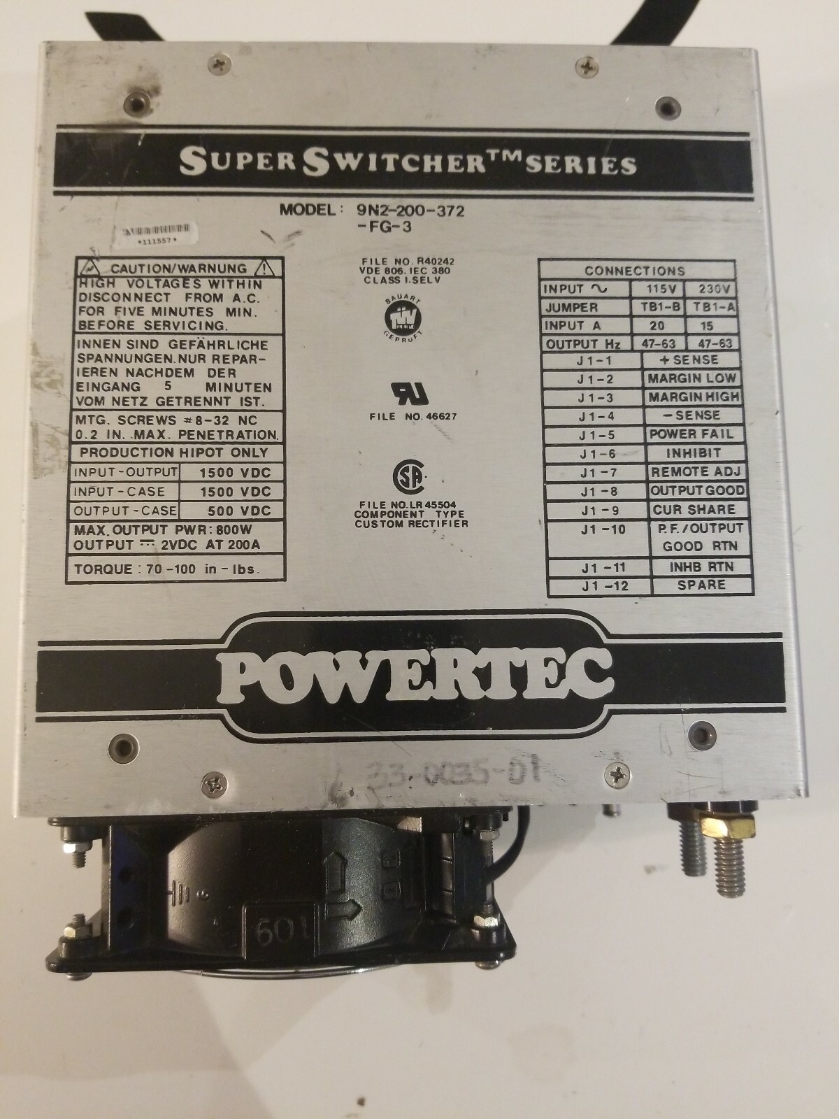 Powertec 9N2-200-372-FG-3 9N2200372FG3 Power Supply