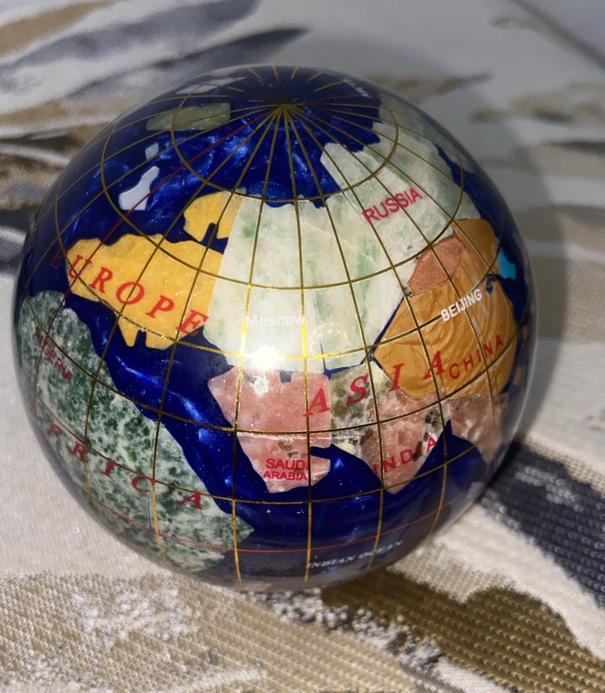 VTG Gemstone Globe Paper Weight 3" Diameter w/ Inlaid Semi-Precious Stones