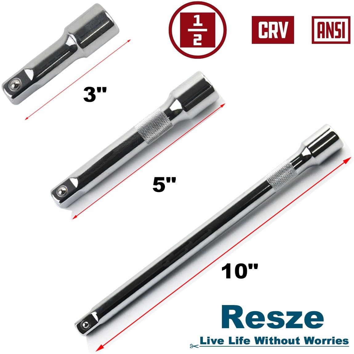 Resze 3 Pcs Socket Extension Set, 1/2" Drive Impact Bar 3pc, Silver