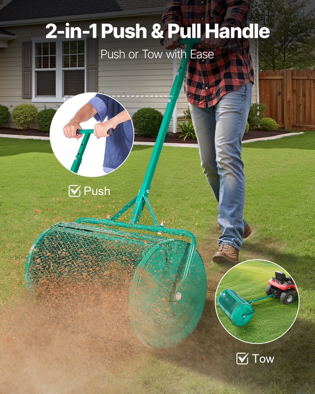 VEVOR Compost Spreader 24 in Peat Moss Spreader Roller Push/Tow Handle for Yard