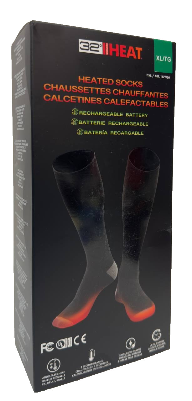 32 Degrees Heated Socks Rechargeable Battery Powered Adjustable Heat, Black, XL