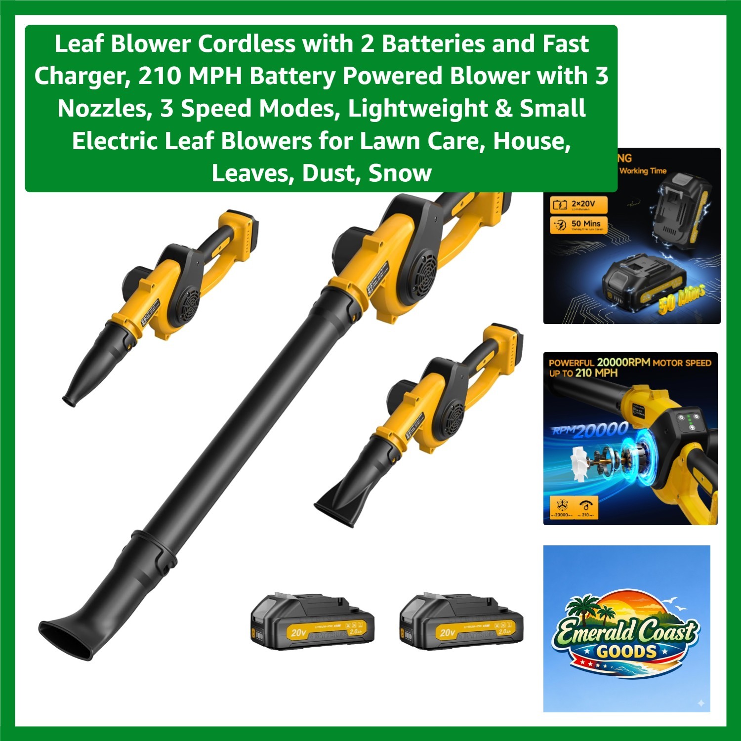 Cordless Leaf Blower 210 MPH with 2 Batteries & Fast Charger - Lightweight Power