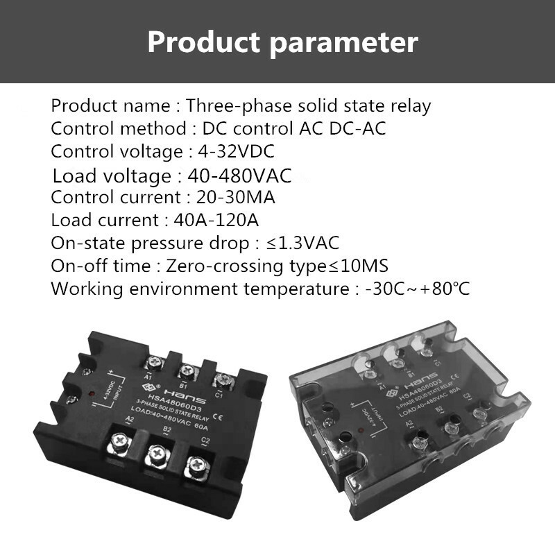 Three-phase solid state relay 40A~120A DC-AC 4-32VDC/40-480VAC