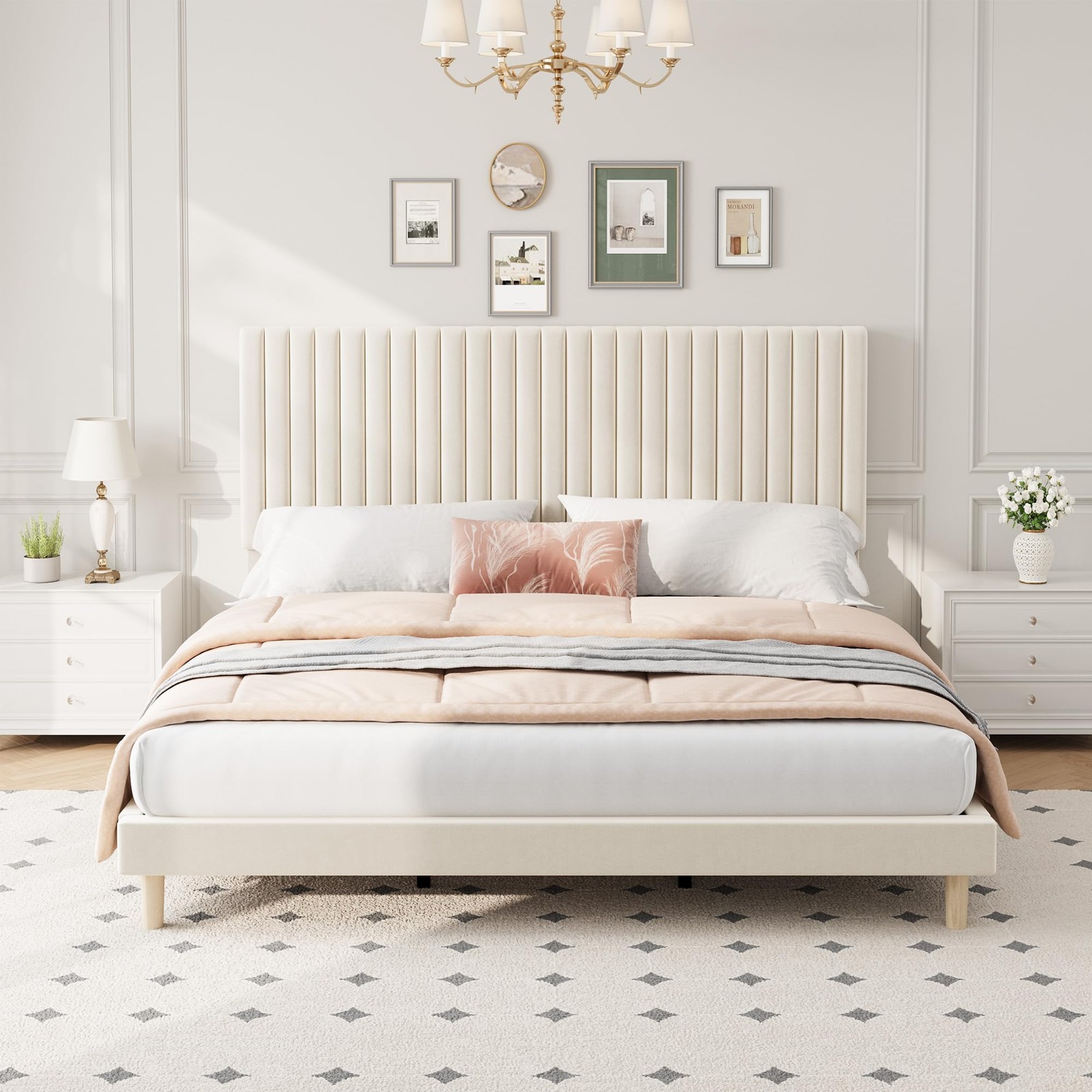 Bed Frame with Adjustable Headboard, Upholstered Platform King Size Bed Frame