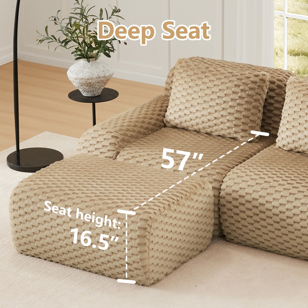 114" L-Shaped Modular Sectional Sofa w/ Ottoman, Flannelette, Light Camel