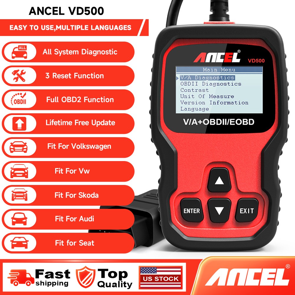 ANCEL VD500-US OBD2 Scanner Code Reader ABS SRS EPB Oil Diagnostic Tool For VAG
