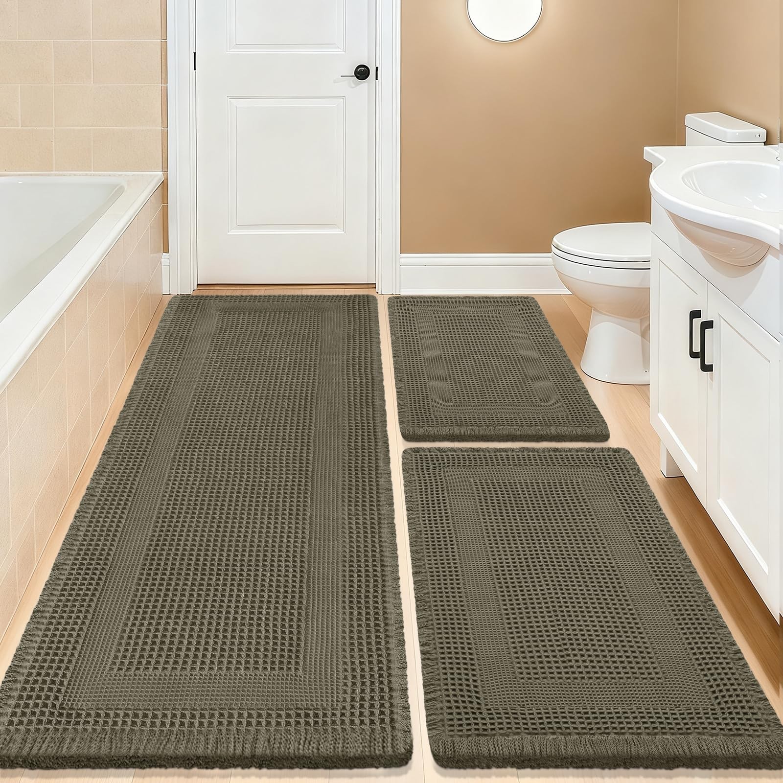 Upgrade Waffle Bath Mat Set 3 Piece, Boho Bathroom Rugs Absorbent Non Slip, Ultr