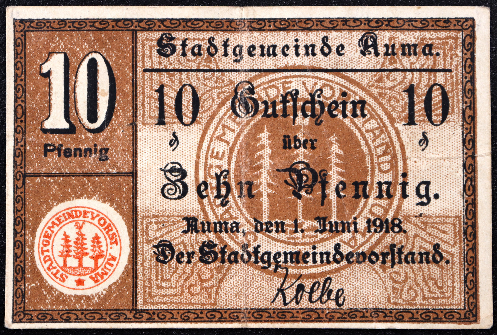 AUMA 1918 RARE 10 Pfennig German Notgeld