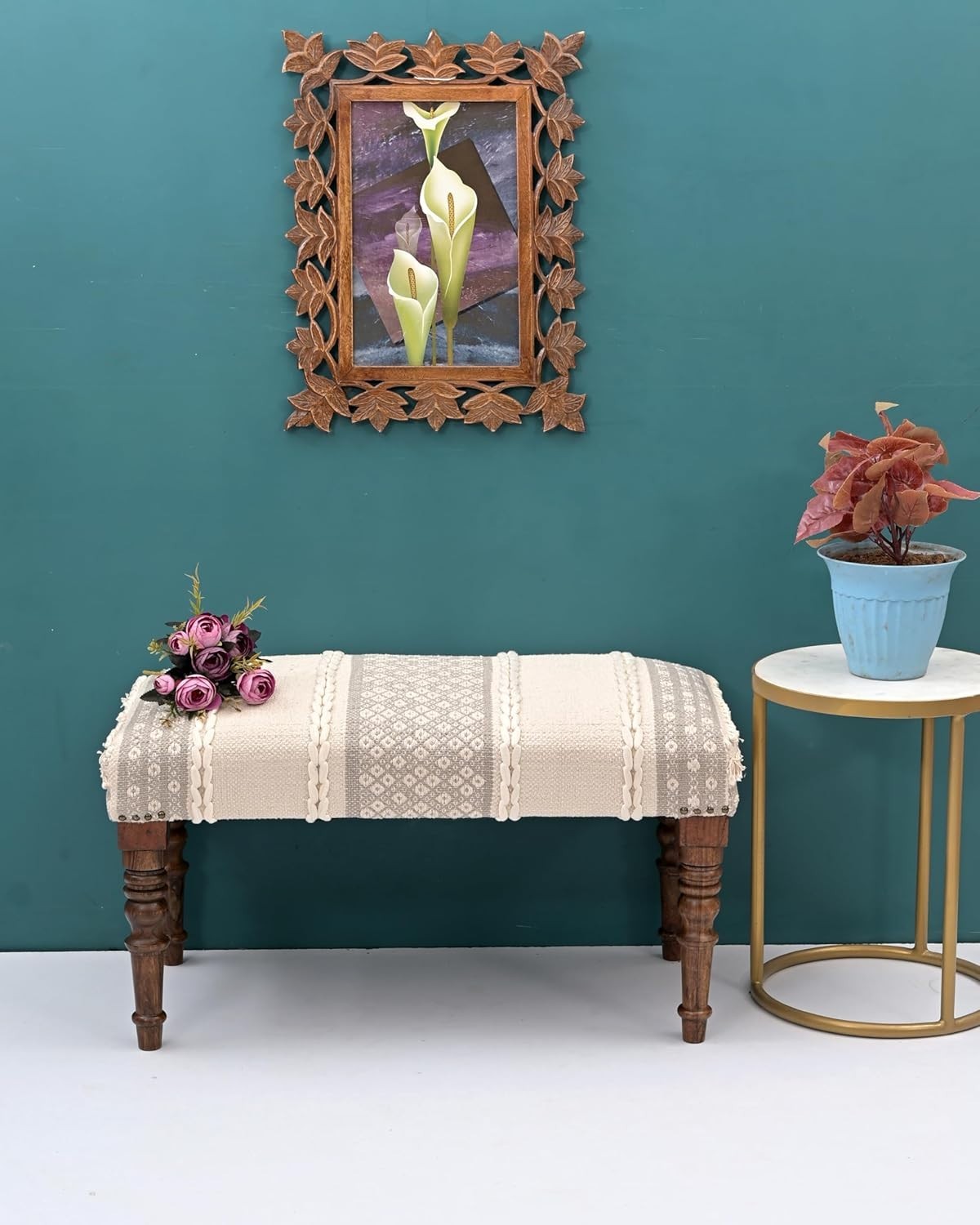 NATURAL FURNISH Acacia Wood Kilim Jute Upholstered Bench Ottoman for Home-White
